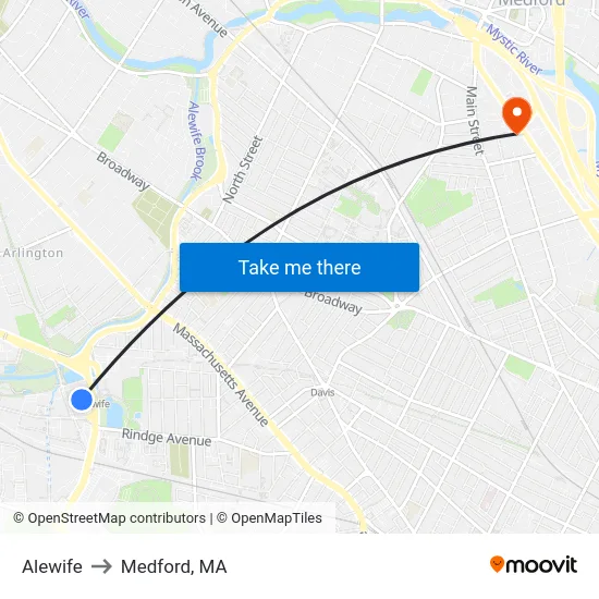 Alewife to Medford, MA map