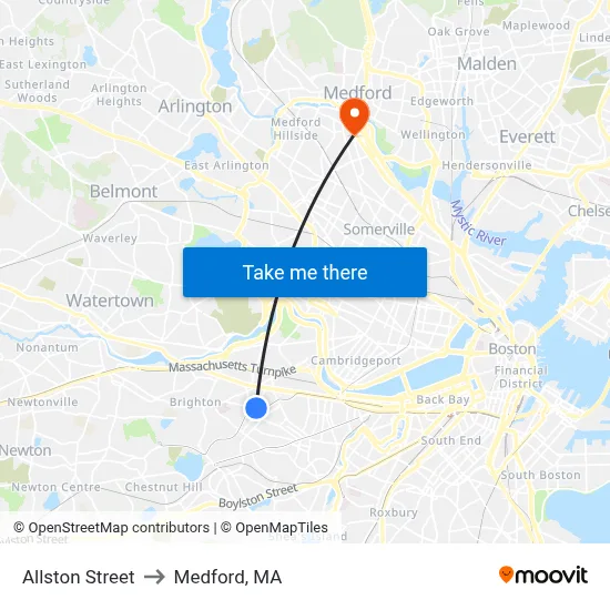 Allston Street to Medford, MA map