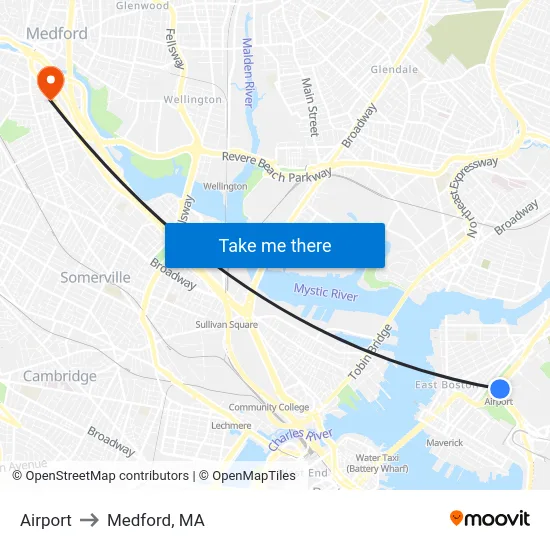 Airport to Medford, MA map