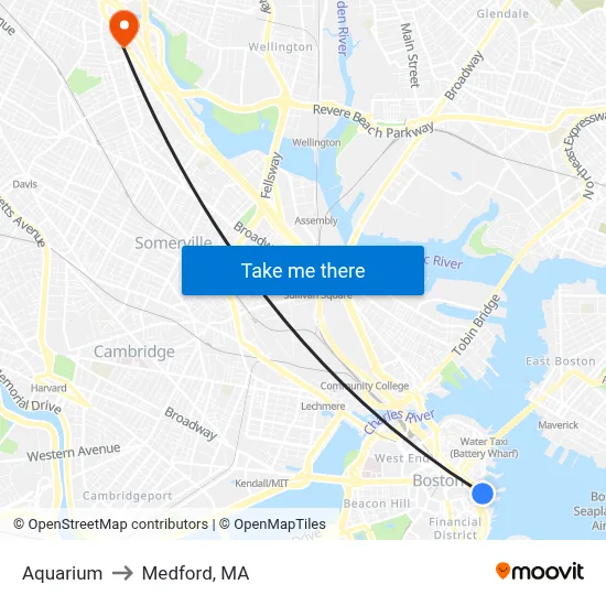 Aquarium to Medford, MA map