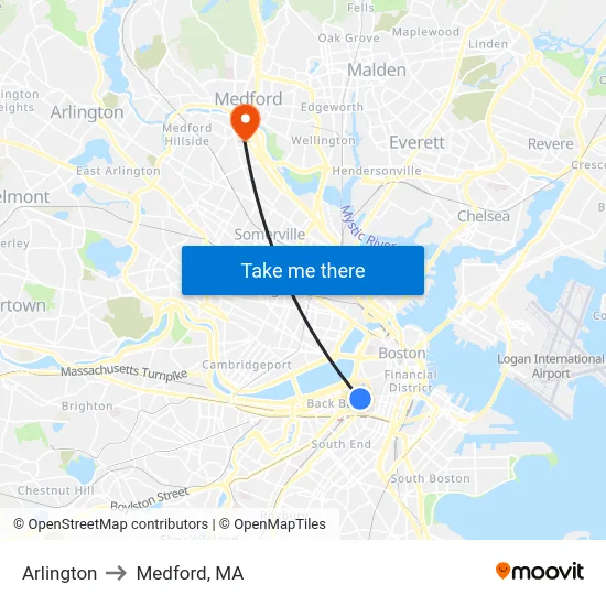 Arlington to Medford, MA map