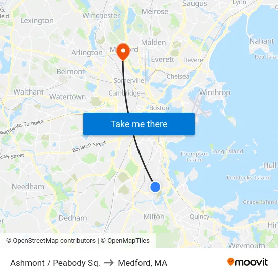 Ashmont / Peabody Sq. to Medford, MA map