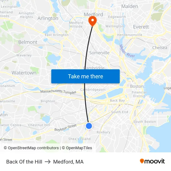 Back Of the Hill to Medford, MA map