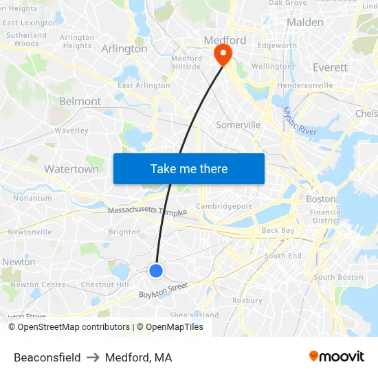 Beaconsfield to Medford, MA map