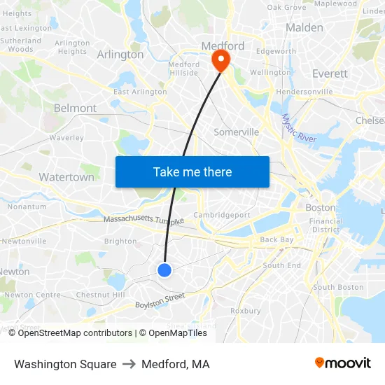Washington Square to Medford, MA map
