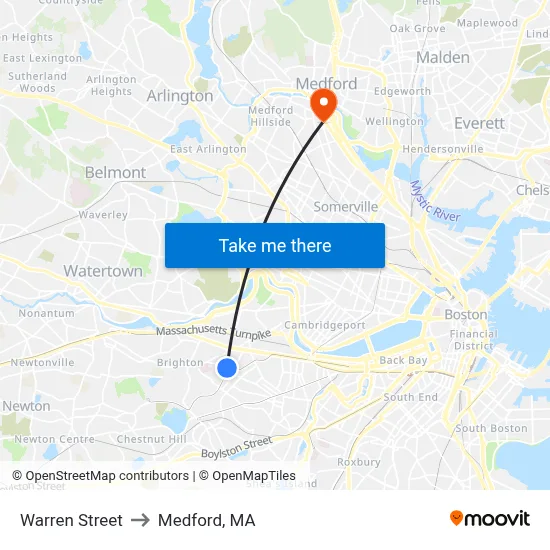 Warren Street to Medford, MA map