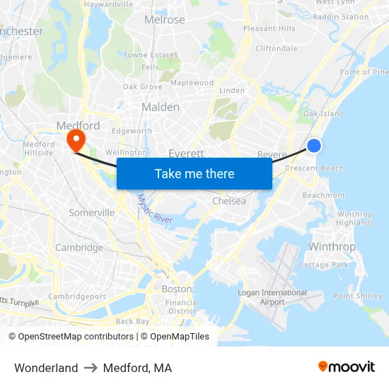 Wonderland to Medford, MA map