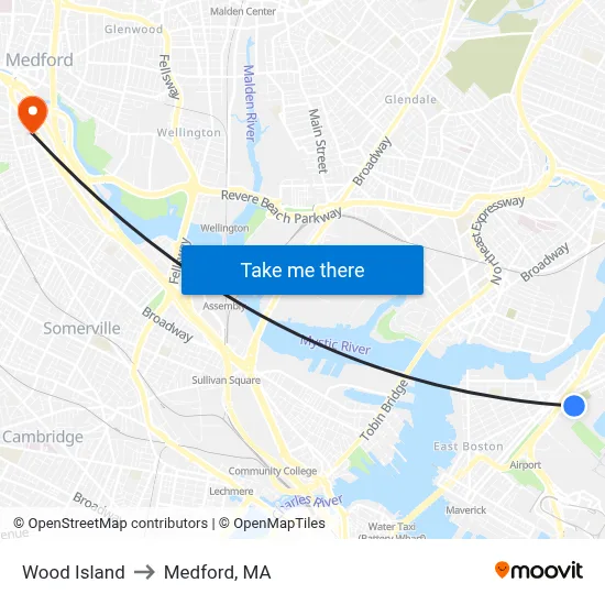 Wood Island to Medford, MA map