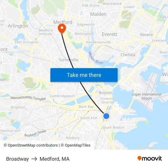 Broadway to Medford, MA map
