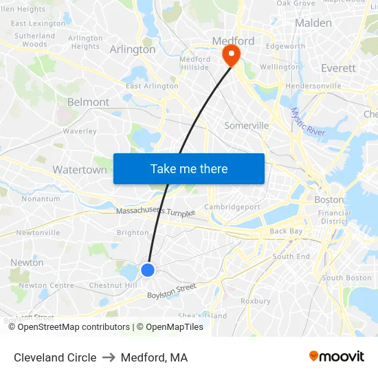 Cleveland Circle to Medford, MA map