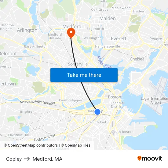 Copley to Medford, MA map