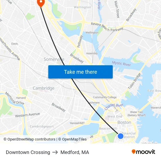 Downtown Crossing to Medford, MA map
