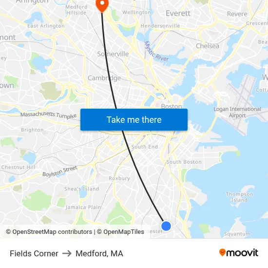 Fields Corner to Medford, MA map
