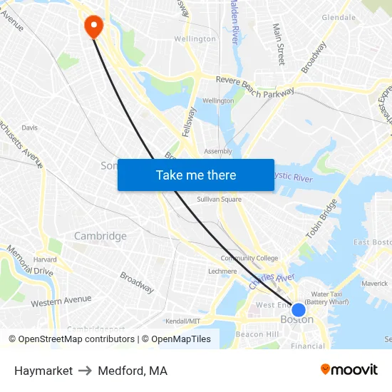 Haymarket to Medford, MA map