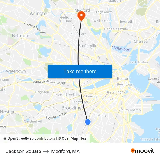 Jackson Square to Medford, MA map