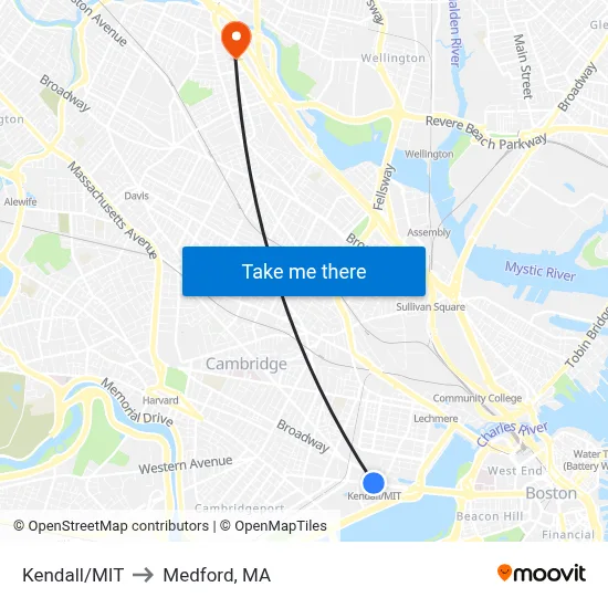 Kendall/MIT to Medford, MA map