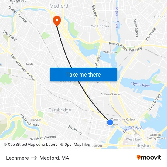 Lechmere to Medford, MA map