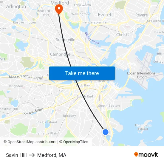 Savin Hill to Medford, MA map