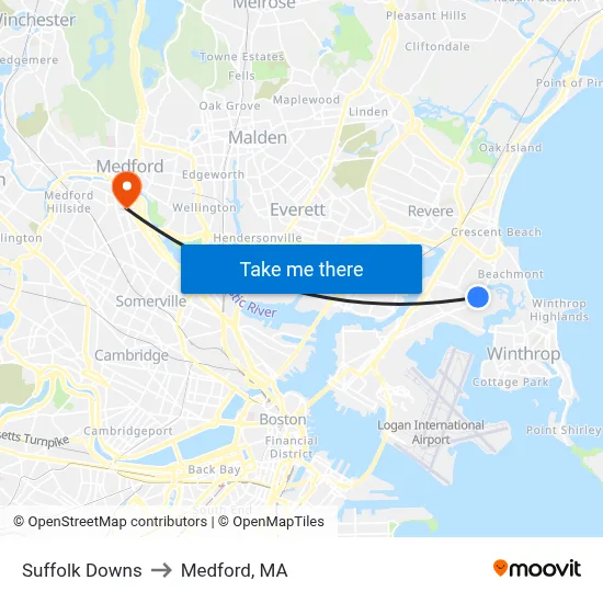 Suffolk Downs to Medford, MA map