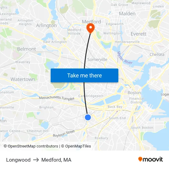 Longwood to Medford, MA map