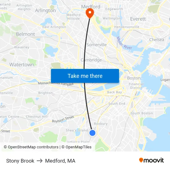 Stony Brook to Medford, MA map