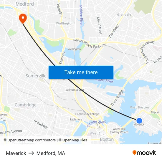 Maverick to Medford, MA map