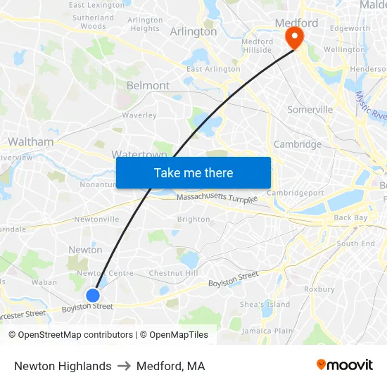 Newton Highlands to Medford, MA map