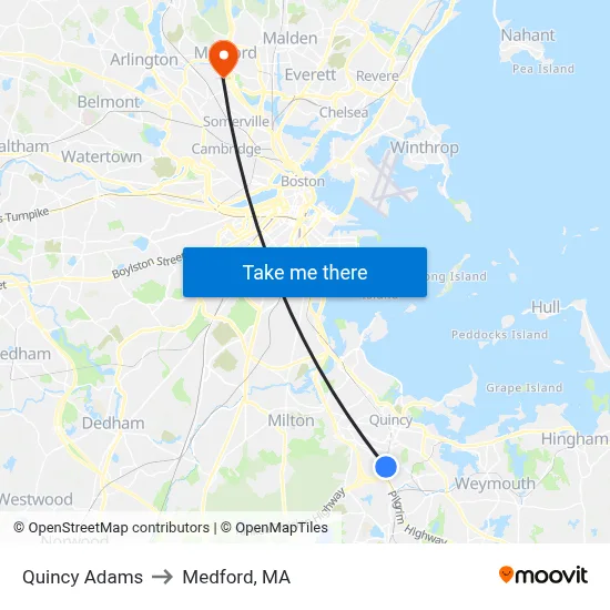 Quincy Adams to Medford, MA map