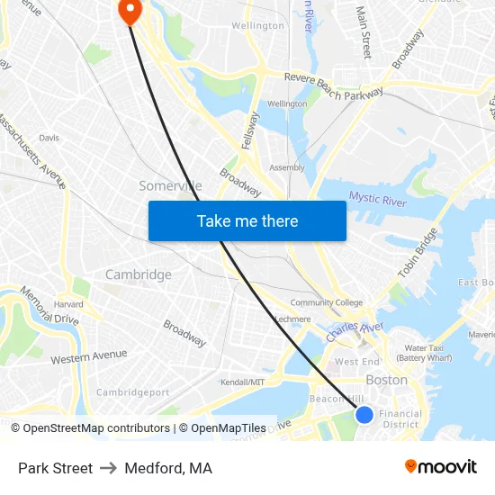 Park Street to Medford, MA map