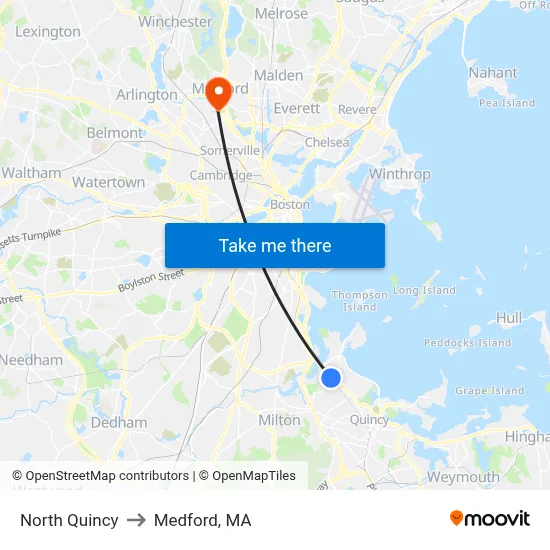North Quincy to Medford, MA map