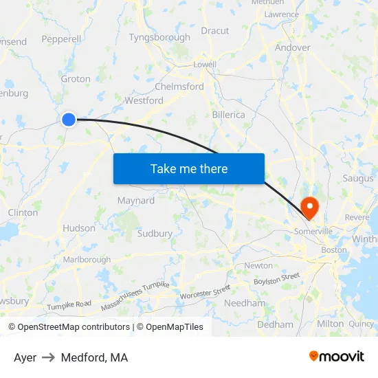 Ayer to Medford, MA map
