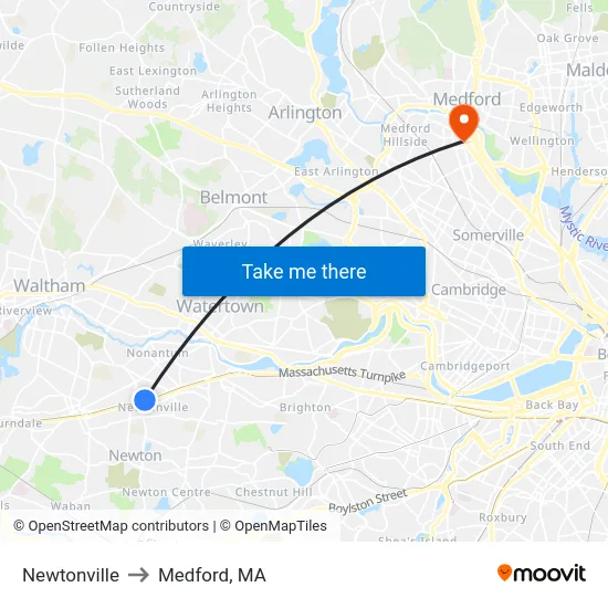 Newtonville to Medford, MA map
