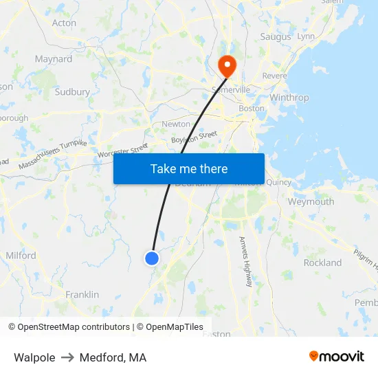 Walpole to Medford, MA map