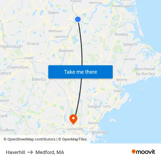 Haverhill to Medford, MA map