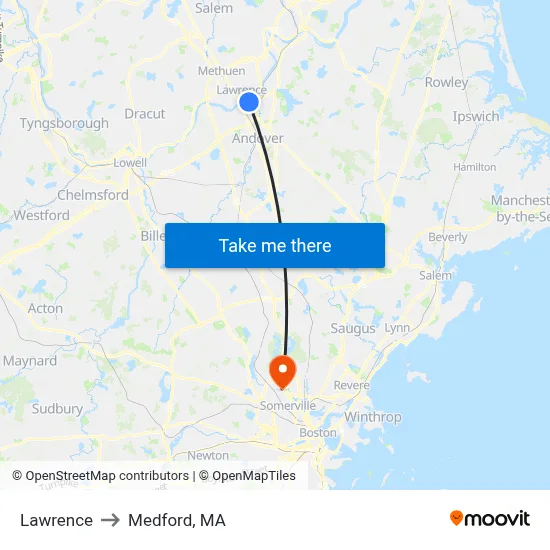 Lawrence to Medford, MA map