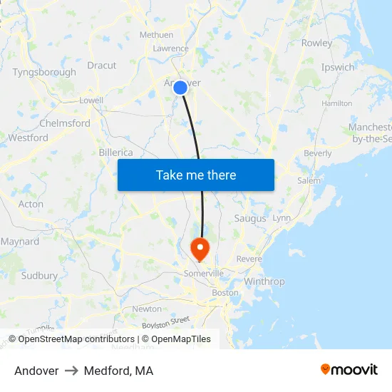 Andover to Medford, MA map