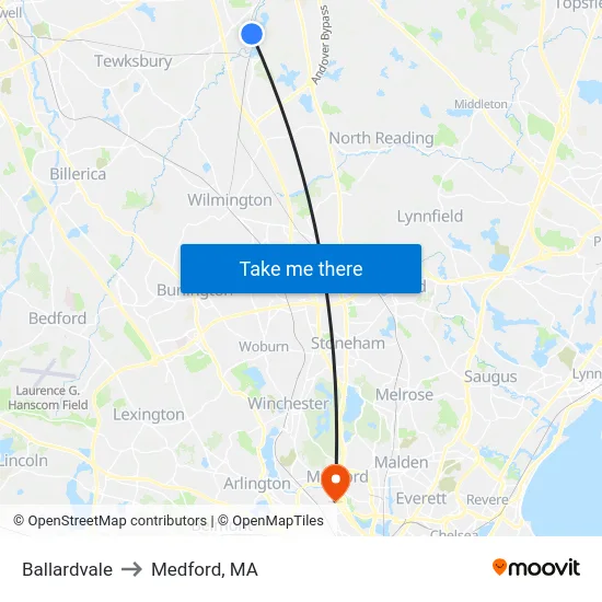 Ballardvale to Medford, MA map
