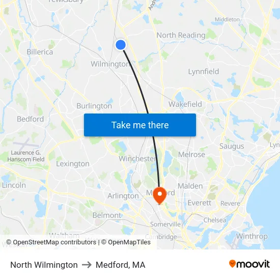 North Wilmington to Medford, MA map