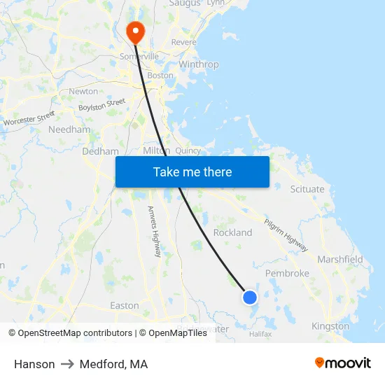 Hanson to Medford, MA map