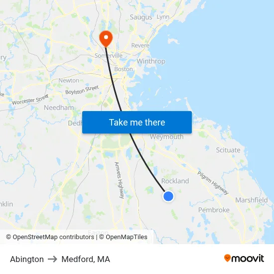 Abington to Medford, MA map