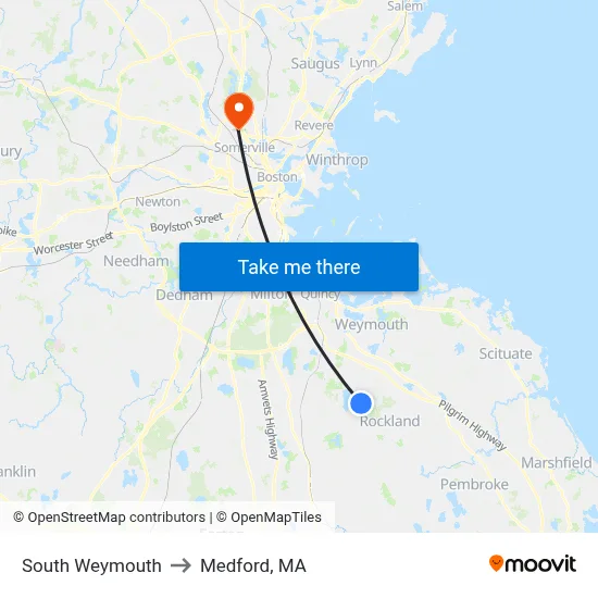 South Weymouth to Medford, MA map