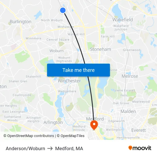 Anderson/Woburn to Medford, MA map