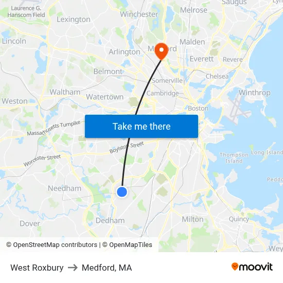 West Roxbury to Medford, MA map