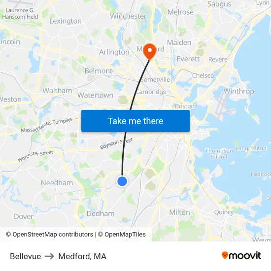 Bellevue to Medford, MA map