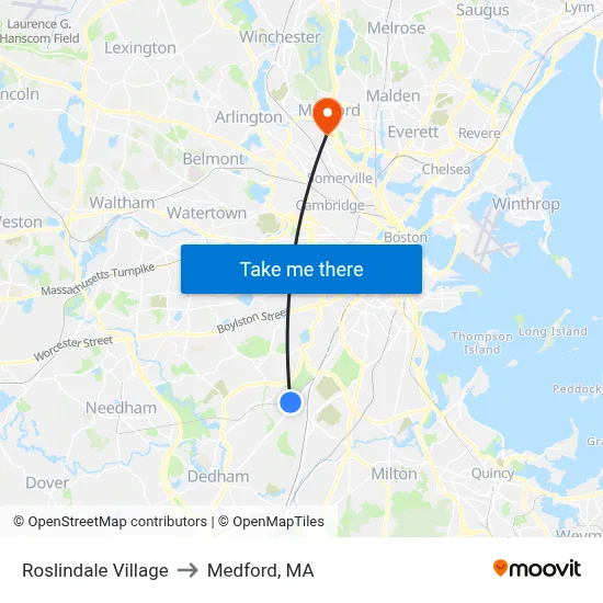Roslindale Village to Medford, MA map