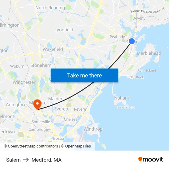 Salem to Medford, MA map