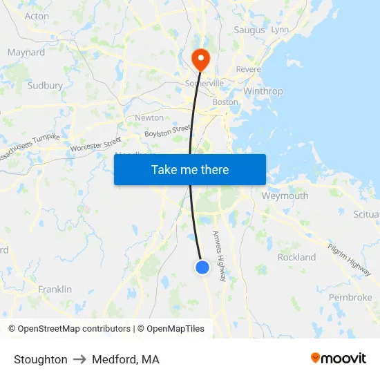 Stoughton to Medford, MA map