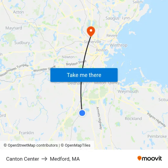 Canton Center to Medford, MA map