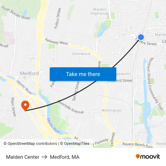 Malden Center to Medford, MA map