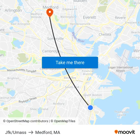 Jfk/Umass to Medford, MA map